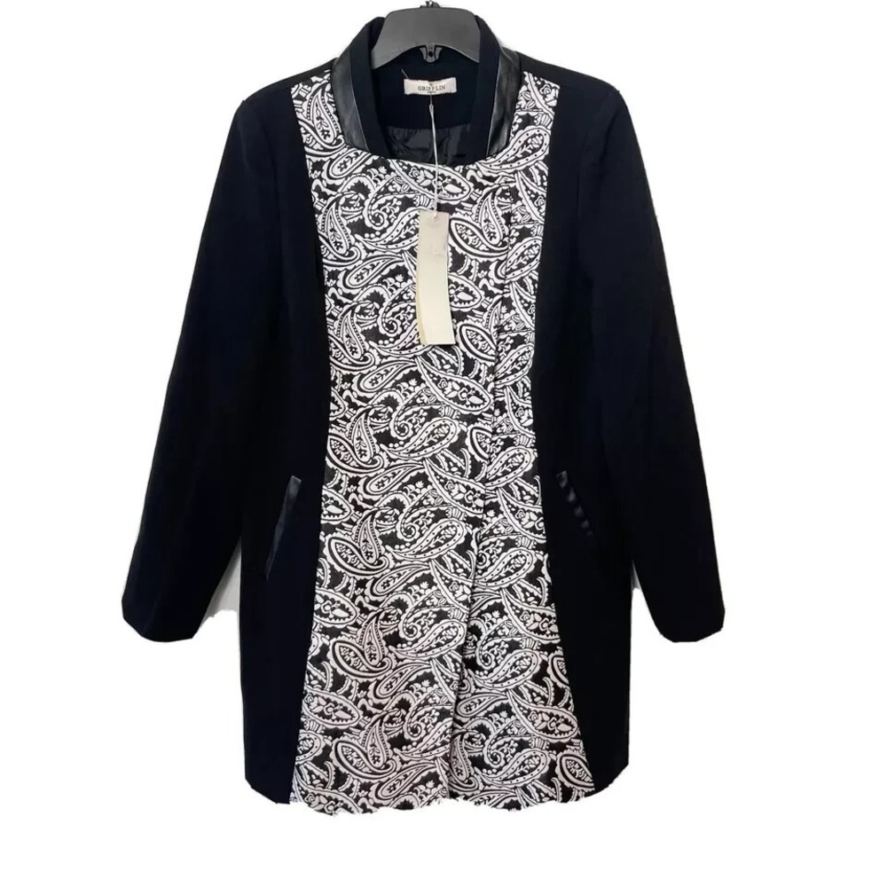 Grifflin Paris Overcoat Jacket Womens Size L Black Paisley Snap Closure NEW‎